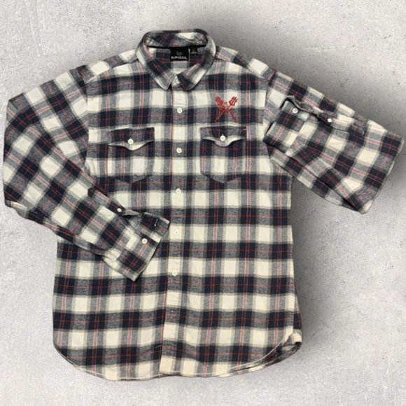 Burnside Men's Size Large Long Sleeve Button‎ Up Flannel Shirt MASF Embroidered - Picture 1 of 12